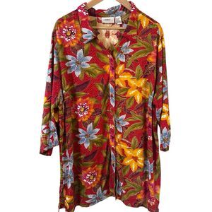 Bohemian Flower Women Top Size 2X Red Maximalist Tropical Travel Going Out Party